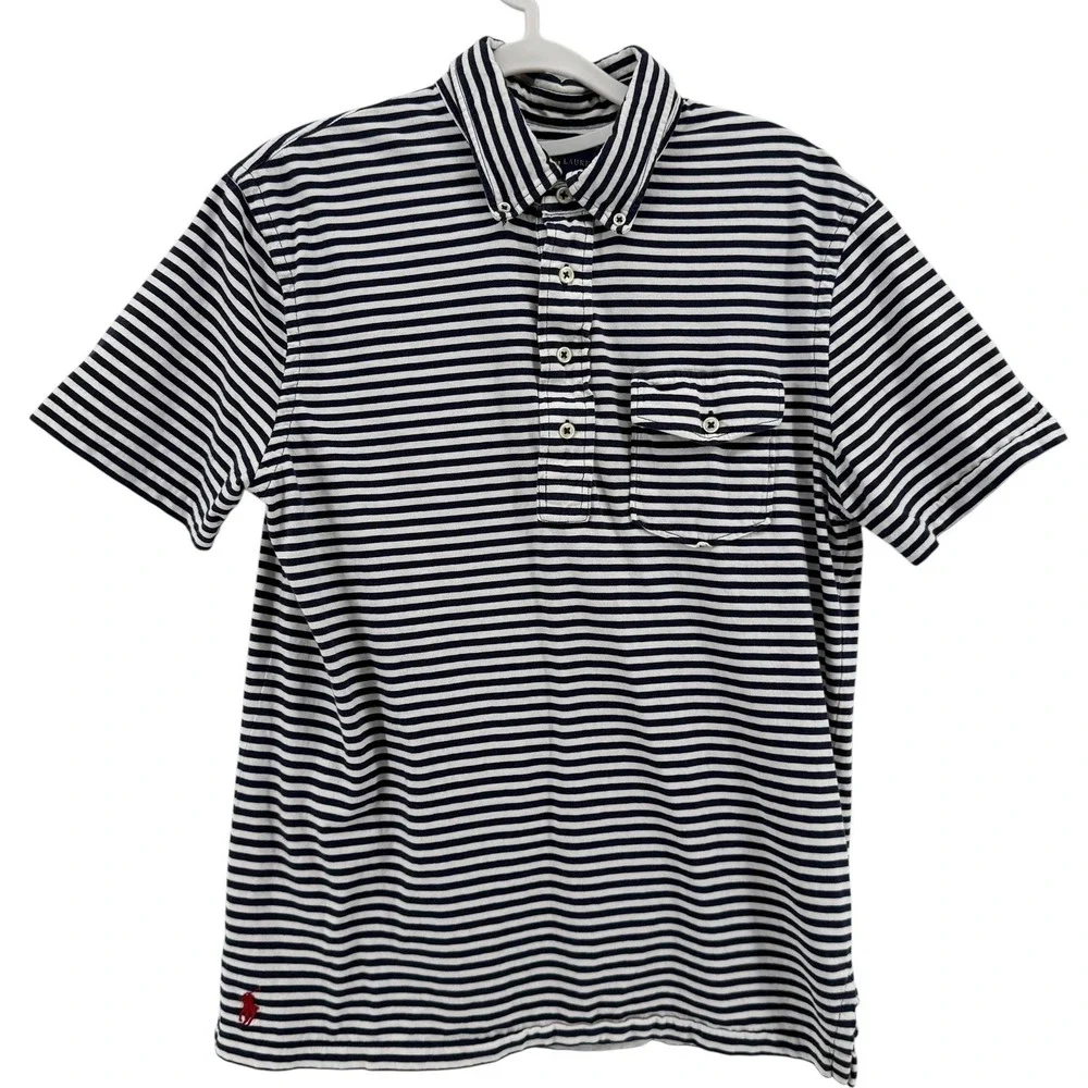 Ralph Lauren Mens Medium Navy White Striped Red Pony Short Sleeve‎ Polo Shirt